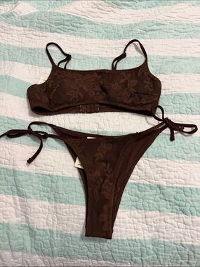 Brown Floral lace like Tie-Side Bikini Set - Women Swim